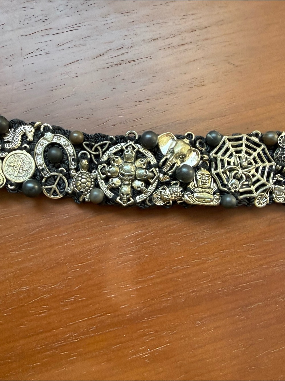 Boho Black Woven Multi Charm Statement Cuff Bracelet